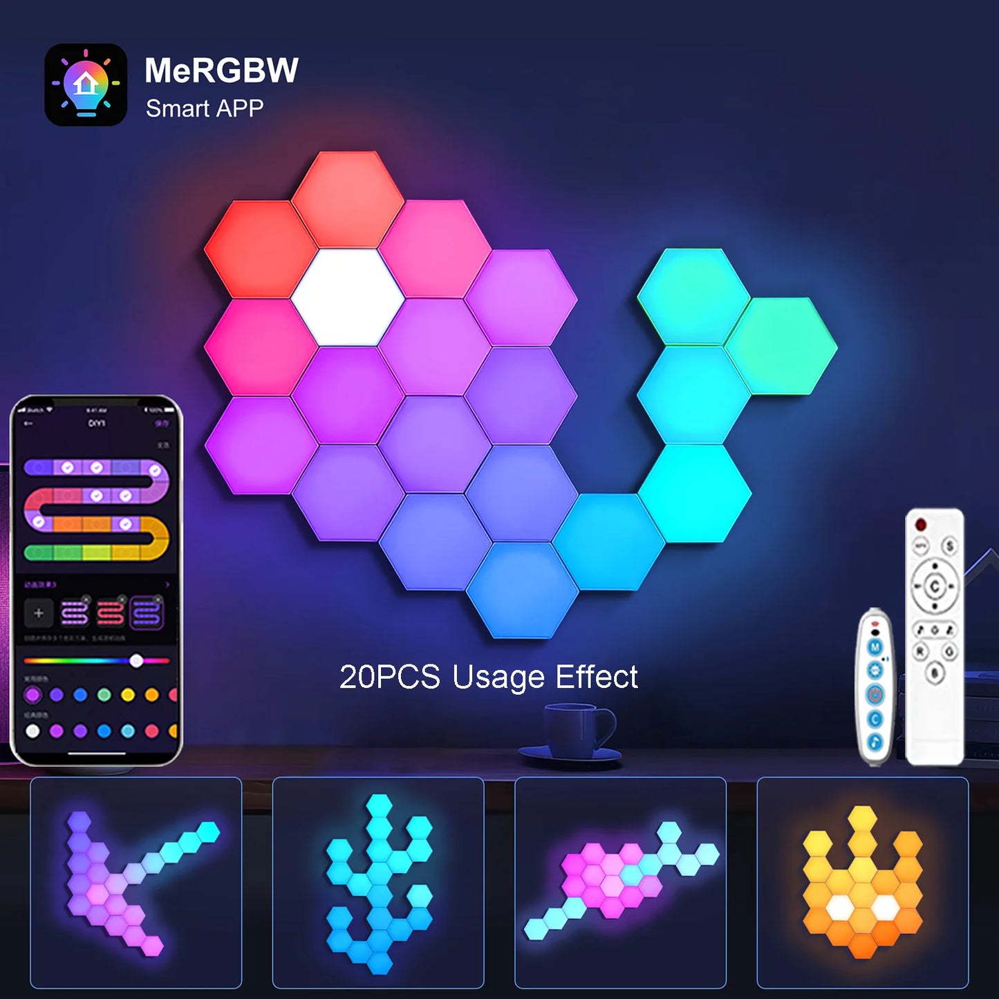 إضاءة جدارية ذكية سداسية الشكل – RGBW مع تحكم بالتطبيق ومزامنة موسيقى