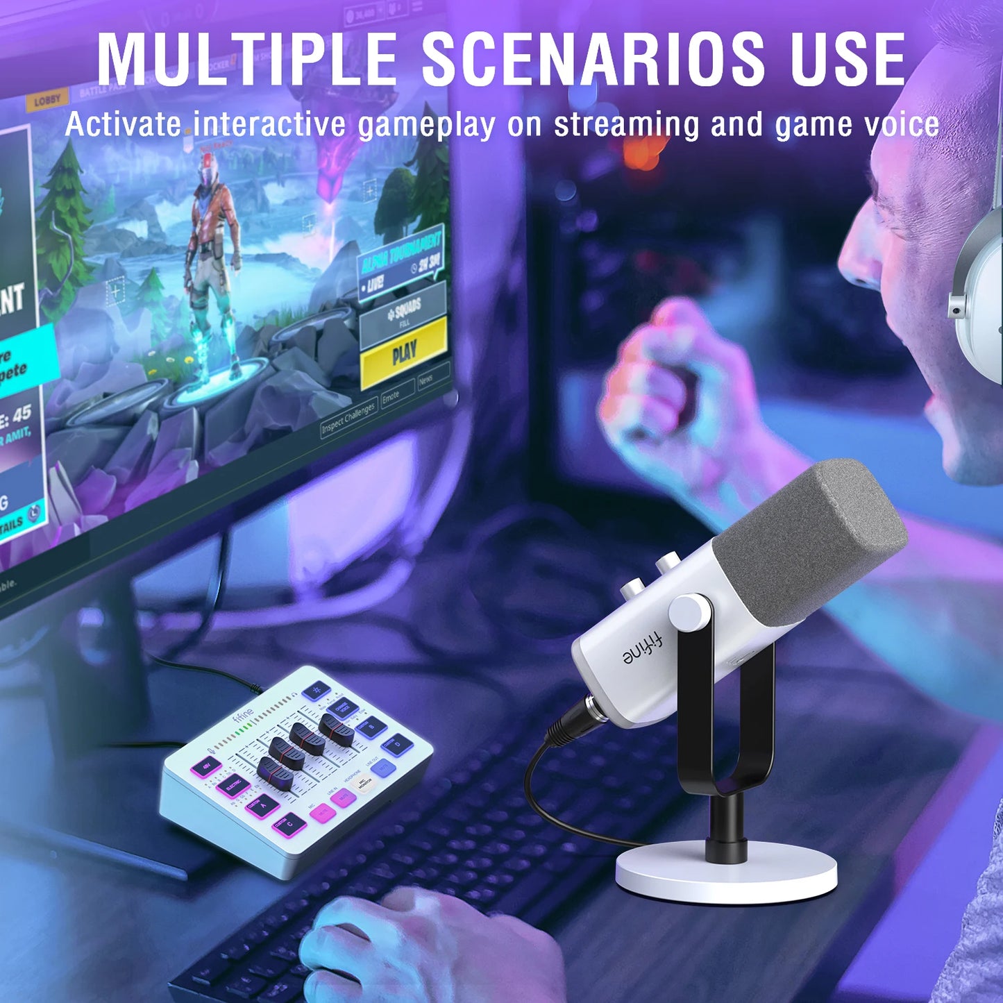 مجموعة FIFINE الصوتية للألعاب والبث – مايكروفون، ميكسر، وسماعة رأس | للمحتوى الصوتي والمرئي على يوتيوب، TikTok، OBS وغيرها