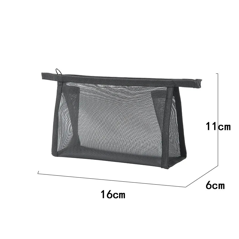 حقيبة مكياج شبكية سوداء للسفر – خفيفة، بسحاب، لترتيب أدوات التجميل والغسول