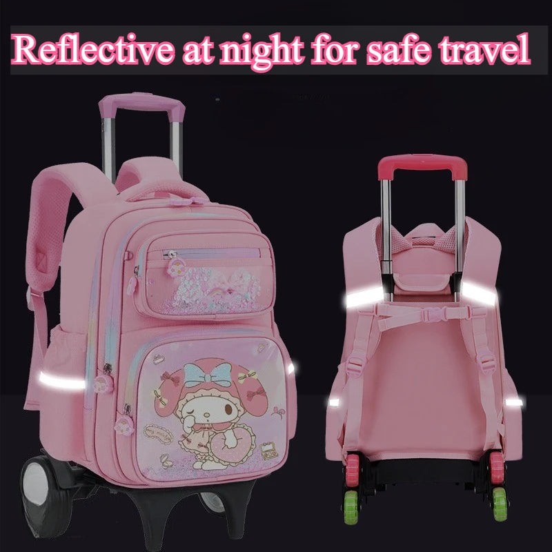 حقيبة مدرسية بعجلات Kuromi للبنات – تصميم كرتوني Melody – كبيرة السعة مع خيار 2 أو 6 عجلات لتخفيف الحمل