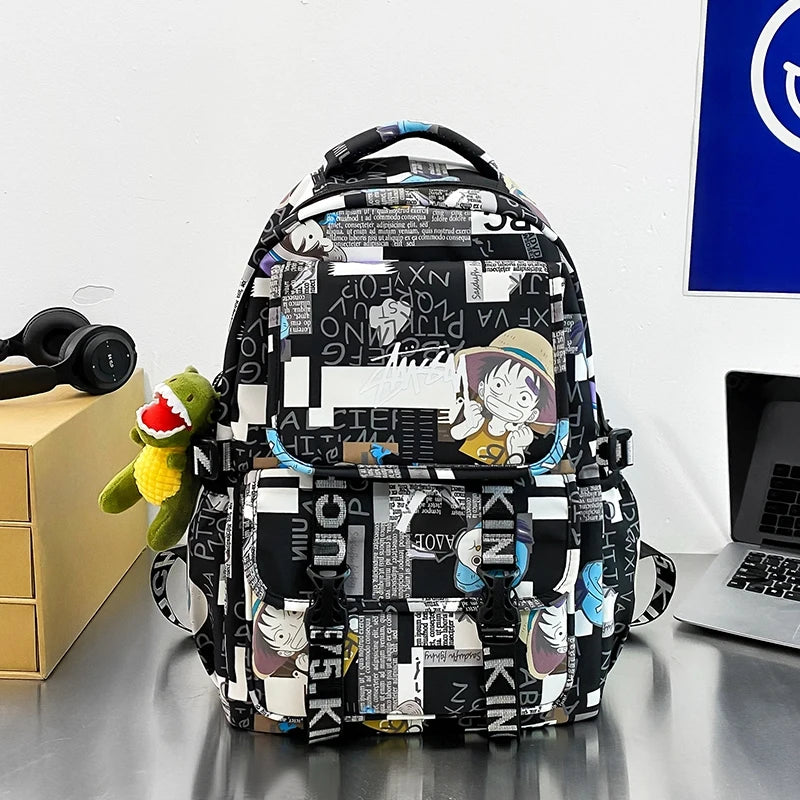 حقيبة ظهر أنمي ون بيس لوفي – تصميم جرافيتي مطبوع بسعة كبيرة لطلاب