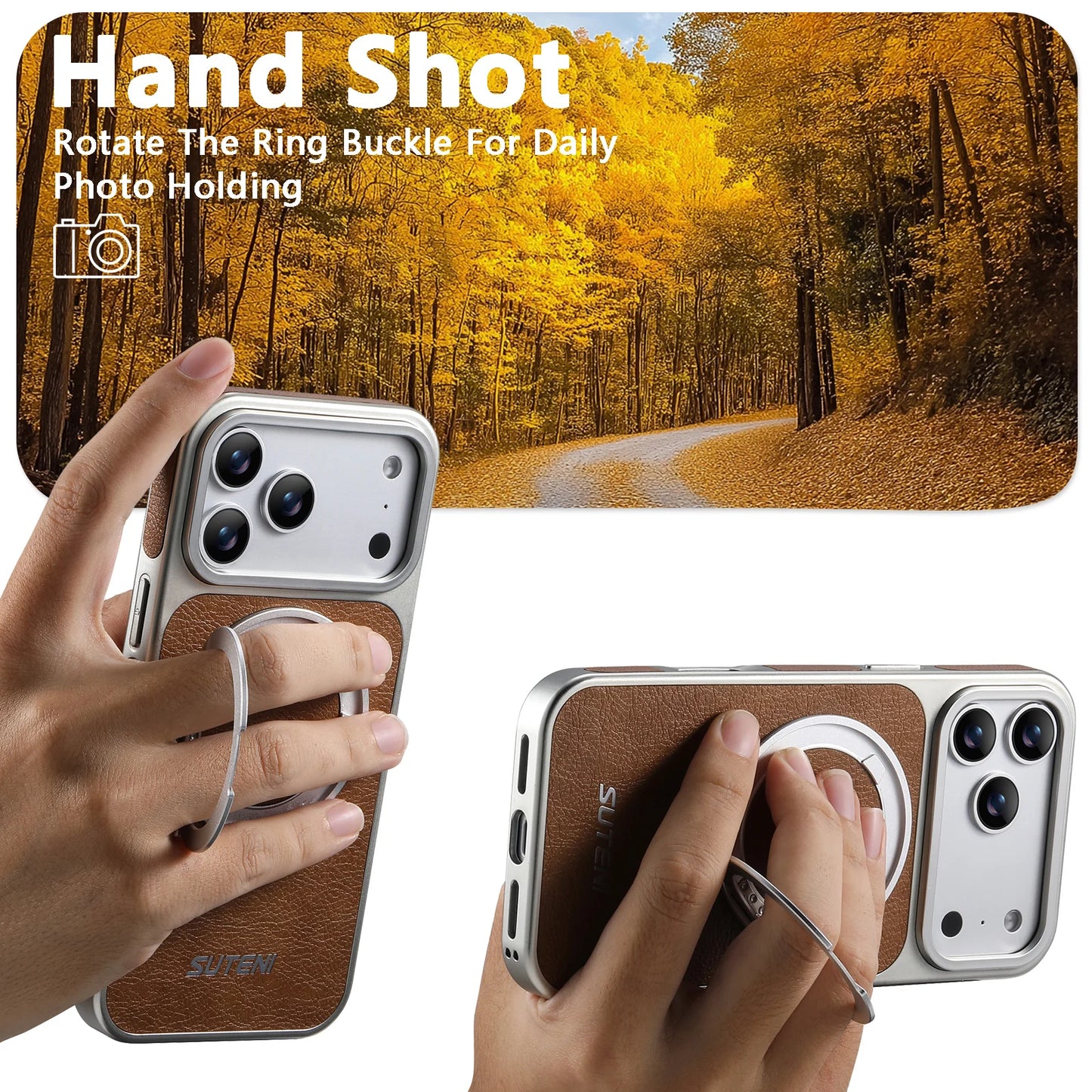 كفر آيفون جلدي مغناطيسي مع حامل دوّار 360° – دعم MagSafe والشحن اللاسلكي