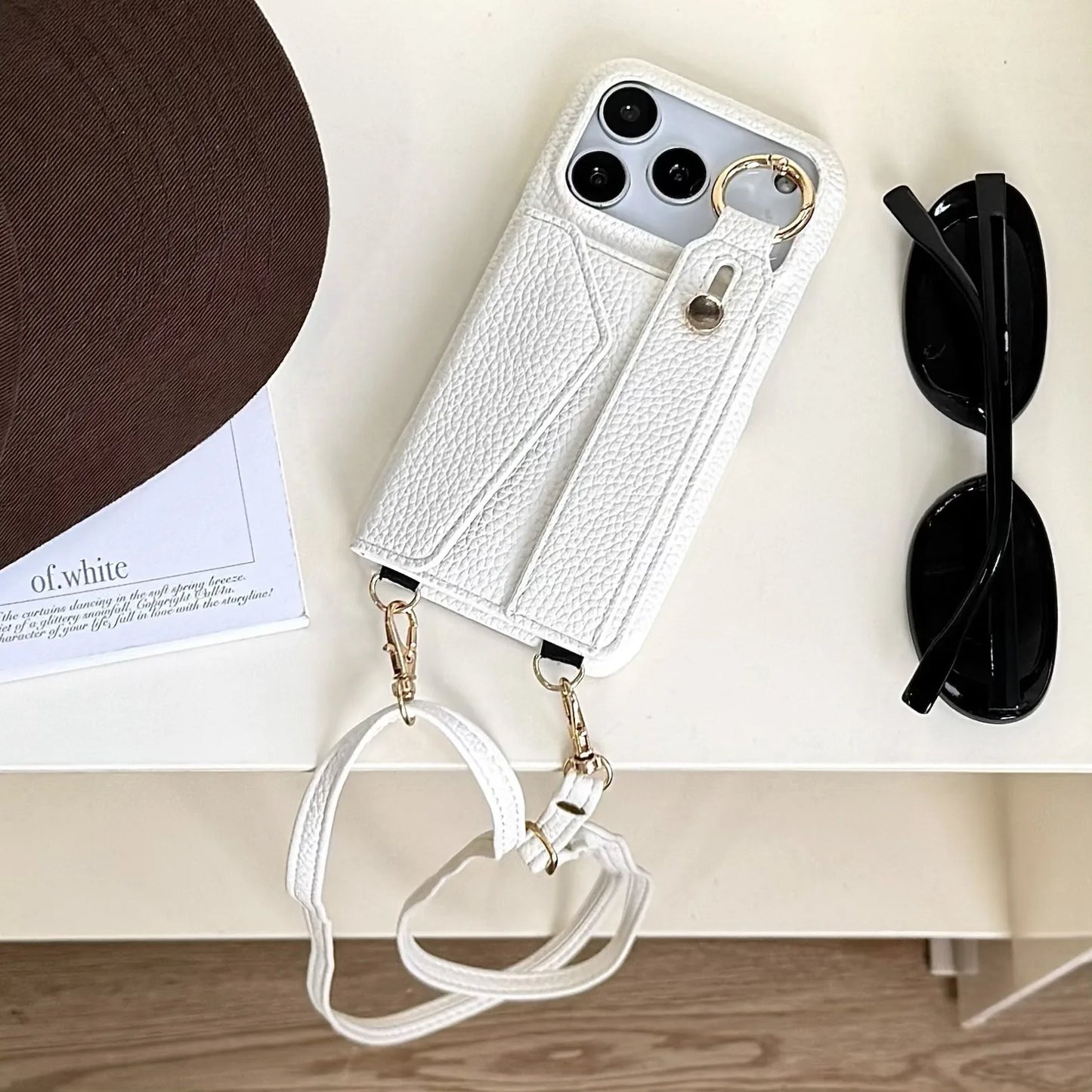 كفر آيفون جلد مع محفظة وحلقة + حزام كروس بودي ومعصم – حامل بطاقات وحماية متكاملة