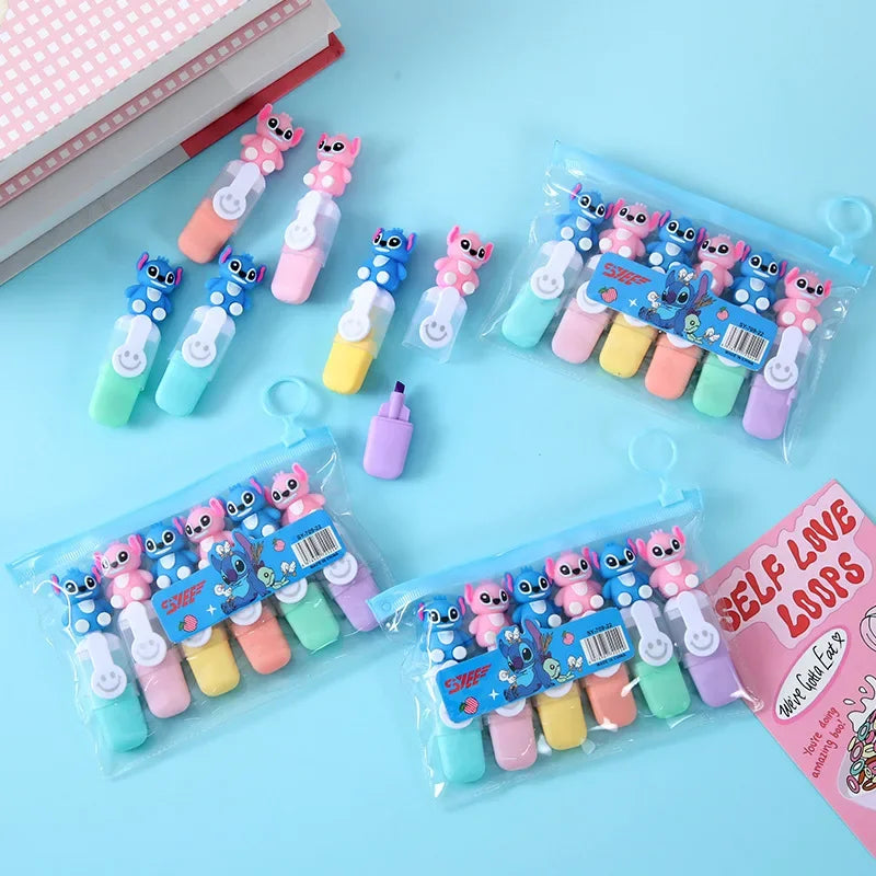 طقم 6 أقلام هايلايتر ستيتش – ماركرز كرتونية ملونة لطيفة ليلو & ستيتش