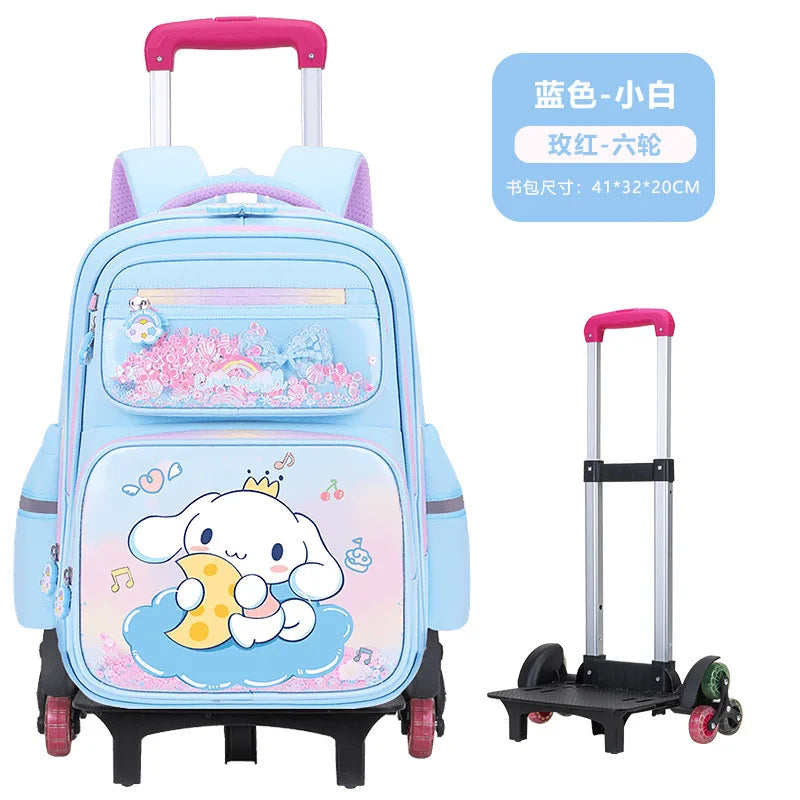 حقيبة مدرسية بعجلات Kuromi للبنات – تصميم كرتوني Melody – كبيرة السعة مع خيار 2 أو 6 عجلات لتخفيف الحمل