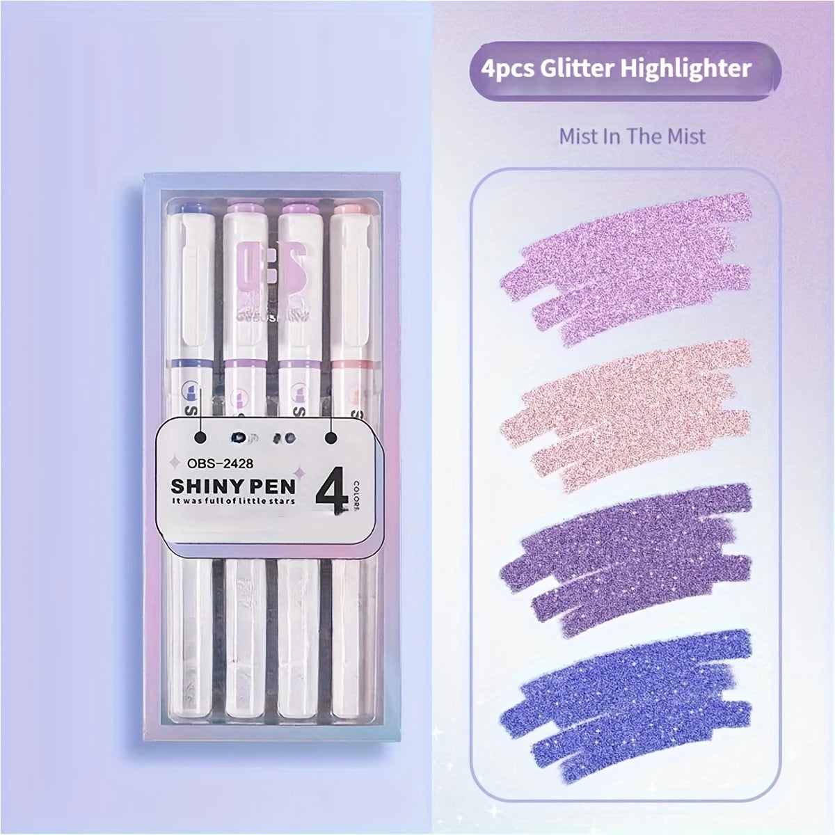طقم هايلايتر 4 قطع بلمعة الجليتر – ألوان باستيل براقة للملاحظات، التزيين، والدفاتر