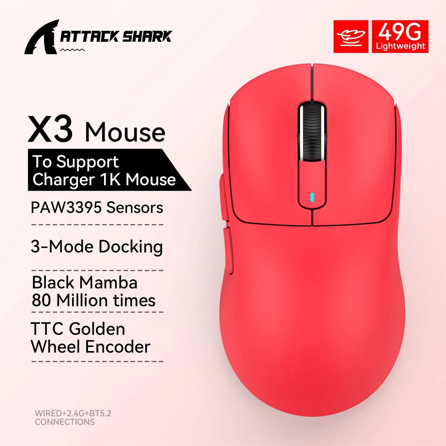 ماوس Attack Shark X3 / X3 Pro لاسلكي – خفيف، 3 أوضاع اتصال، حساس PAW3395 بدقة 26K DPI، متوافق مع أغلب الأنظمة