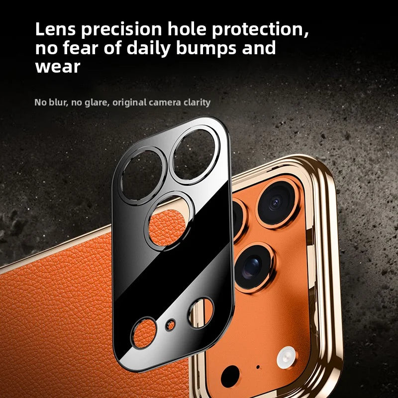 كفر آيفون 17 برو ماكس جلد طبيعي فاخر بنقشة الليتشي – حماية عدسة وصدمات بتصميم راقٍ