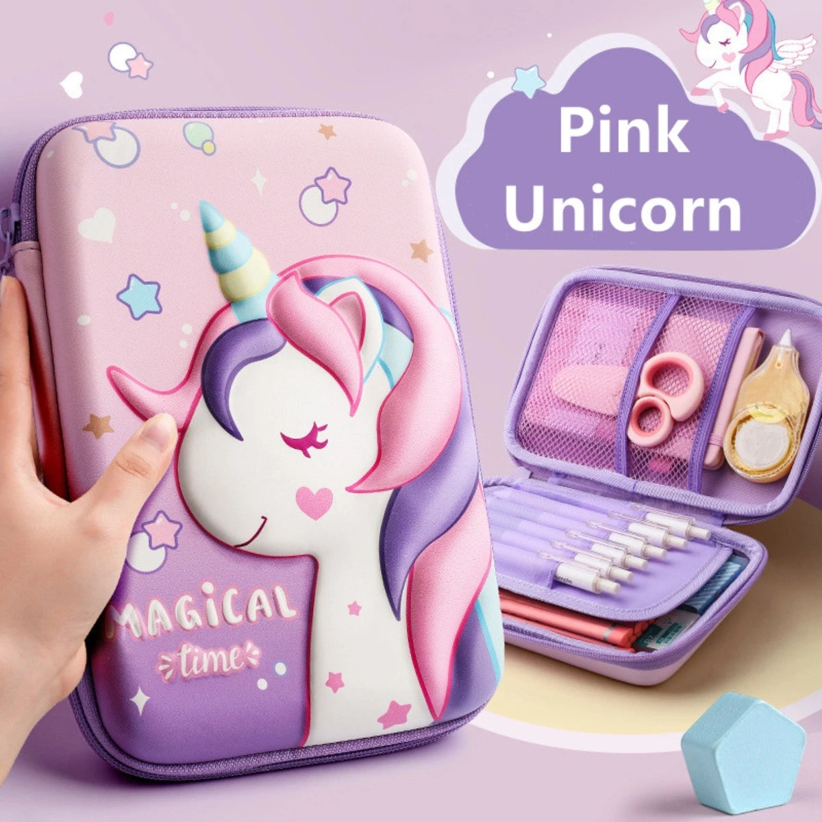 مقلمة يونيكورن 3D من EVA – ضد الماء، تصميم كرتوني لطيف مع حامل أقلام، لتنظيم الأدوات المدرسية