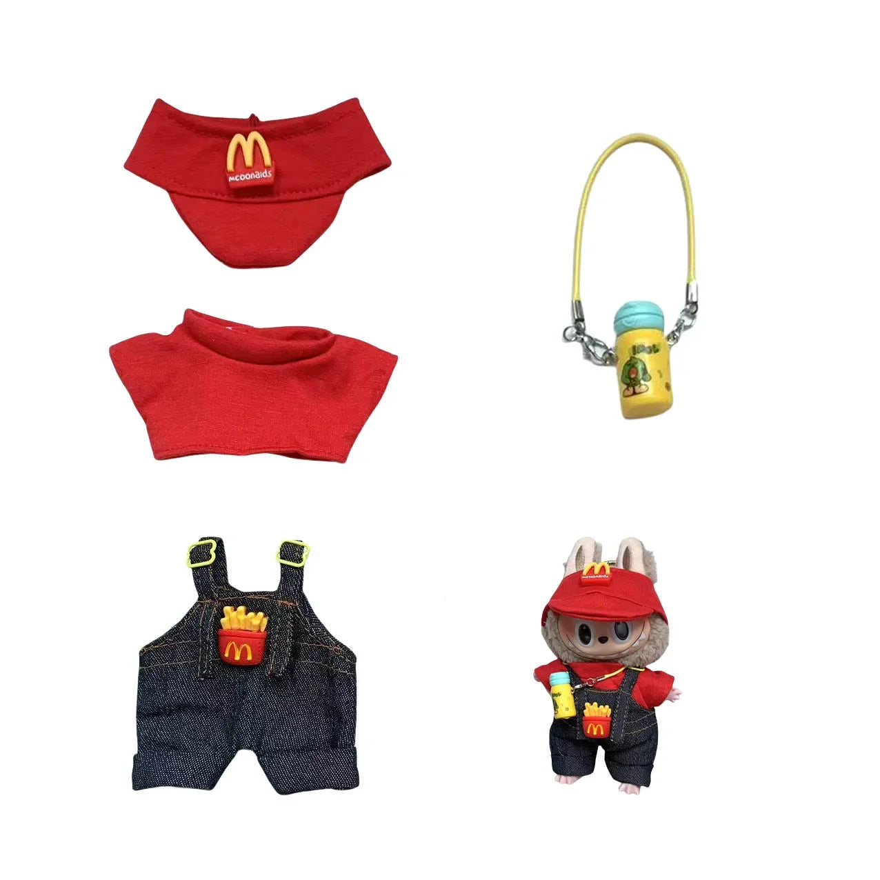 طقم لابوبو 15-17 سم – تيشيرت + بنطلون + ربطة شعر + شنطة | إكسسوارات كيوت للدمى – DIY ستايل