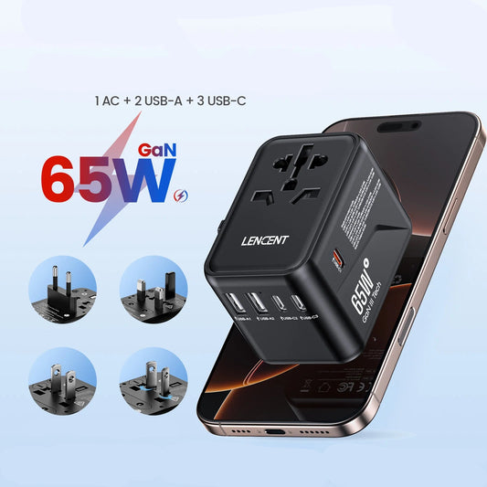 محول سفر عالمي LENCENT GaN بقوة 65W / 100W – شحن سريع ومنافذ متعددة