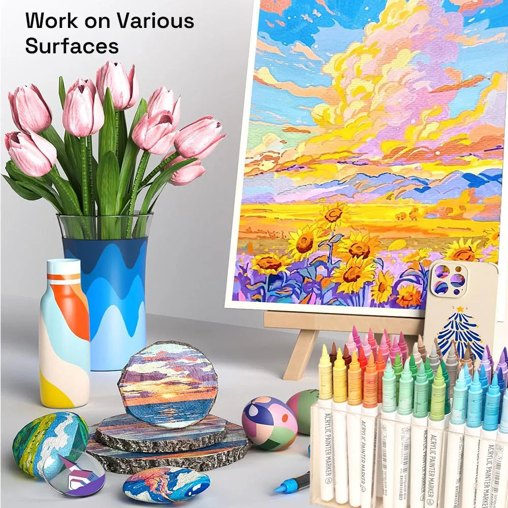 مجموعة ماركر أكريليك بـ 9 ألوان احترافية – رأس فرشاة وتحكم أوتوماتيكي بالحبر لتجربة رسم دقيقة وسلسة