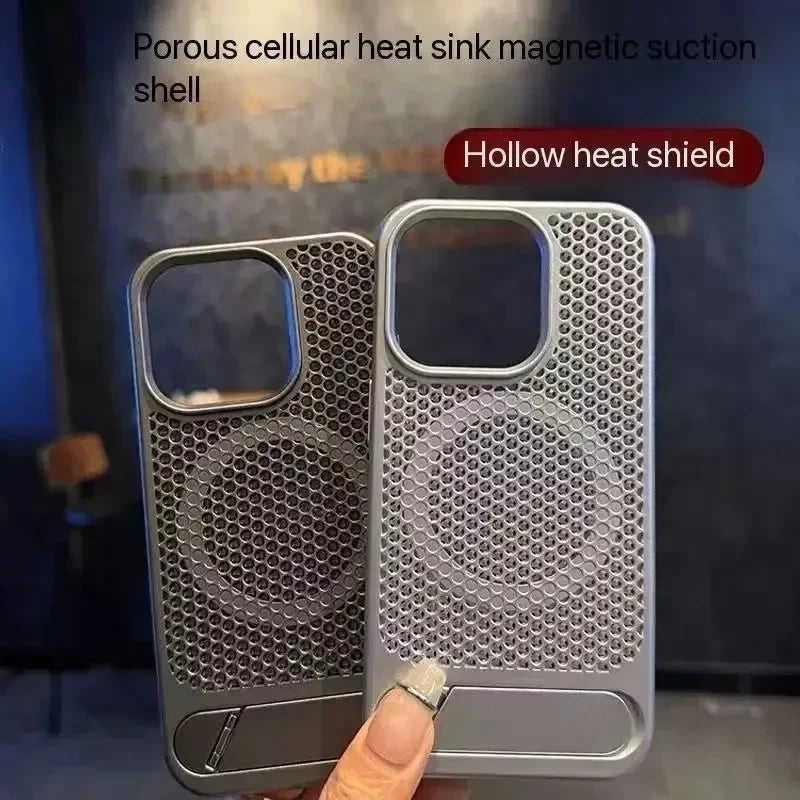 كفر آيفون معدني فائق النحافة مع حامل مخفي قابل للطي – تبديد حرارة وحماية ضد الصدمات