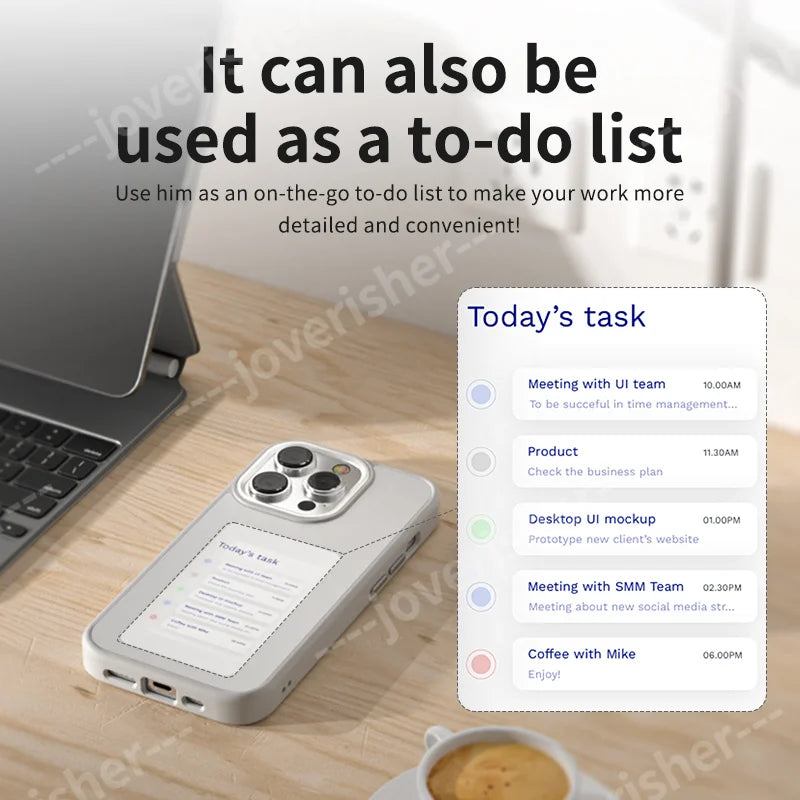 كفر آيفون مع شاشة E-Ink وقاعدة تثبيت – تصميم كرتوني قابل للتخصيص عبر NFC