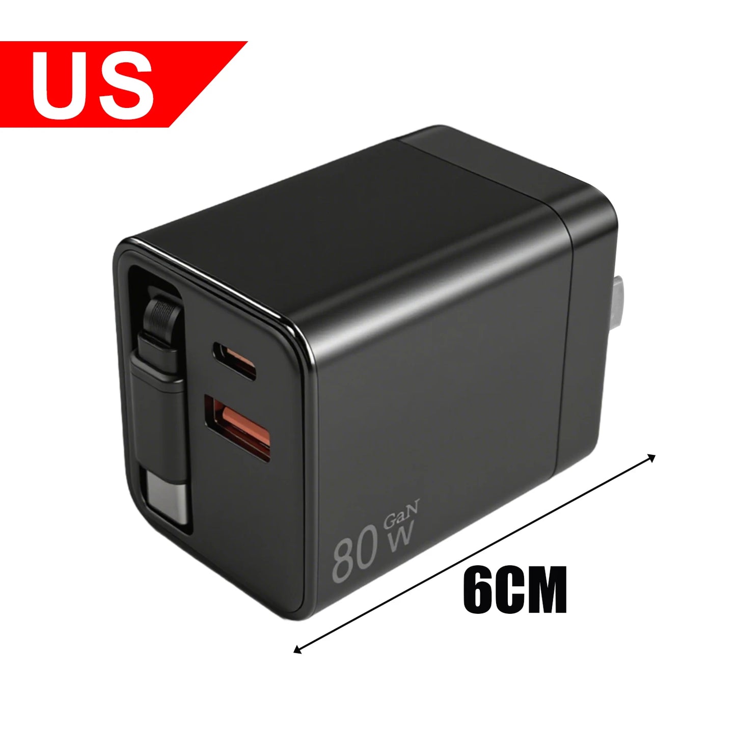 شاحن حائط USB-C سريع 80W مع كيبل تايب-سي قابل للسحب – منفذين شحن لأجهزة آيفون وسامسونج