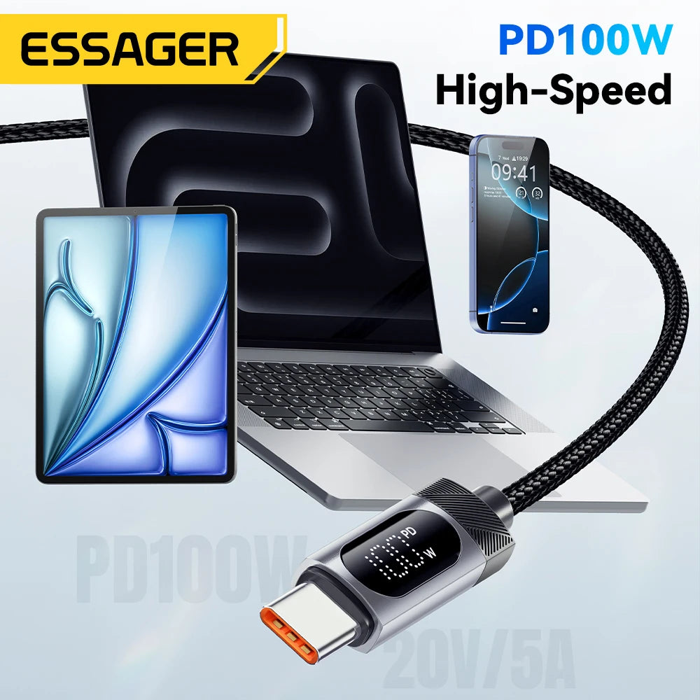 كيبل USB-C إلى USB-C مع شاشة رقمية من ESSAGER – شحن سريع PD 100W