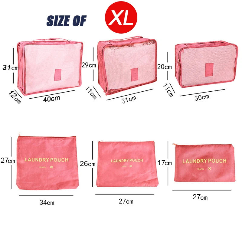 طقم تنظيم السفر – 6 قطع حجم كبير لترتيب الملابس، الأحذية، والمكياج داخل الشنطة
