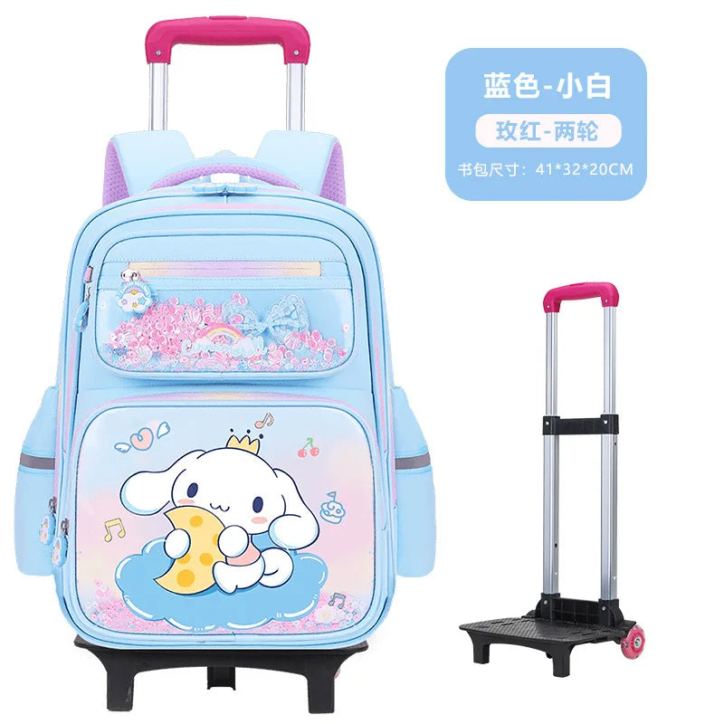 حقيبة مدرسية بعجلات Kuromi للبنات – تصميم كرتوني Melody – كبيرة السعة مع خيار 2 أو 6 عجلات لتخفيف الحمل