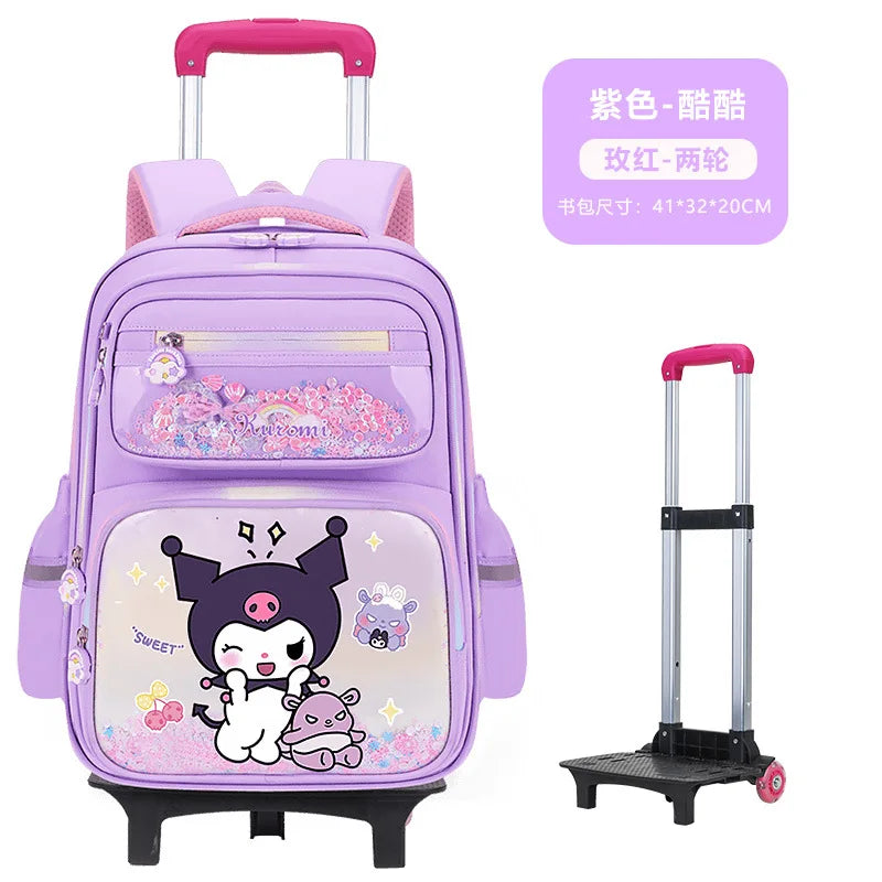 حقيبة مدرسية بعجلات Kuromi للبنات – تصميم كرتوني Melody – كبيرة السعة مع خيار 2 أو 6 عجلات لتخفيف الحمل