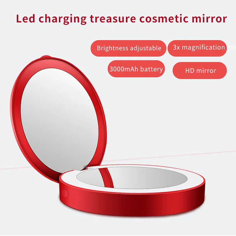 مرآة مكياج محمولة بإضاءة LED وبنك طاقة 3000mAh – تصميم ميني أنيق بشكل محفظة، مثالية للجمال أثناء التنقل
