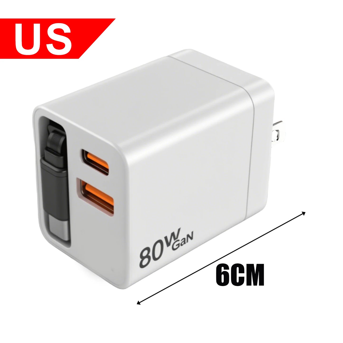 شاحن حائط USB-C سريع 80W مع كيبل تايب-سي قابل للسحب – منفذين شحن لأجهزة آيفون وسامسونج