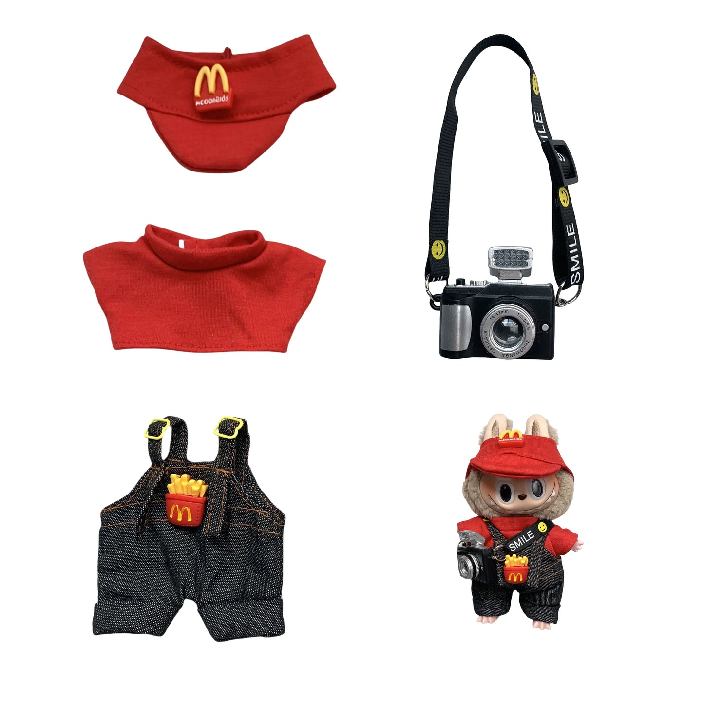 طقم لابوبو 15-17 سم – تيشيرت + بنطلون + ربطة شعر + شنطة | إكسسوارات كيوت للدمى – DIY ستايل