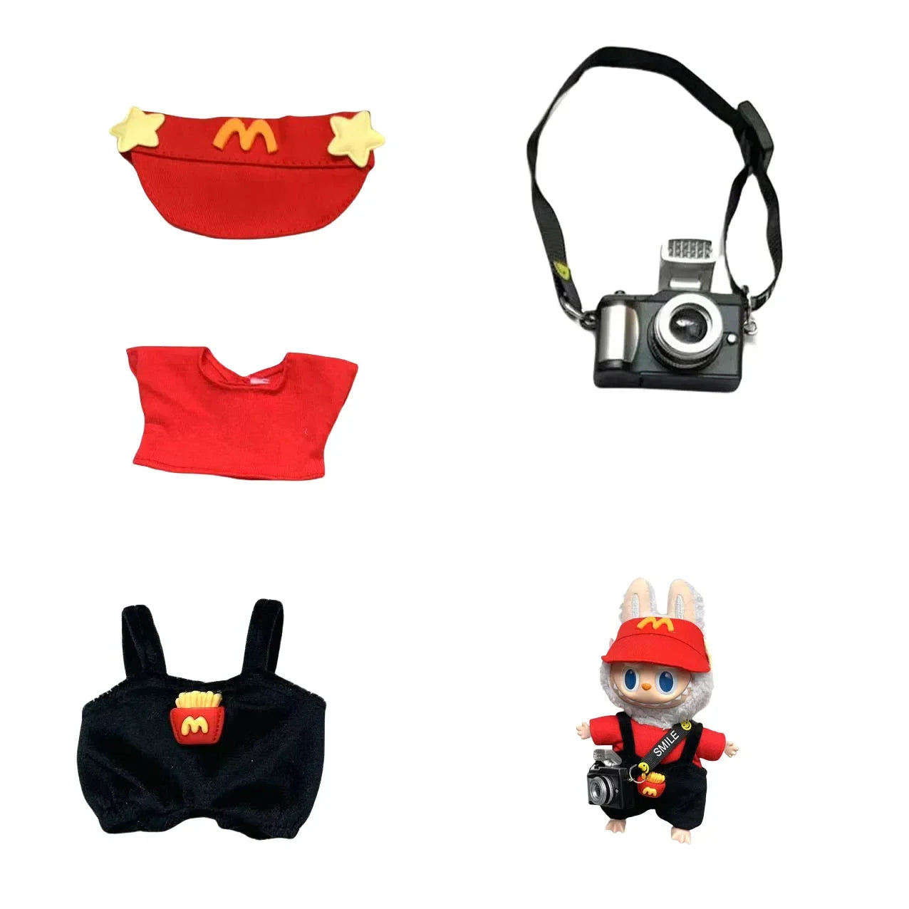 طقم لابوبو 15-17 سم – تيشيرت + بنطلون + ربطة شعر + شنطة | إكسسوارات كيوت للدمى – DIY ستايل