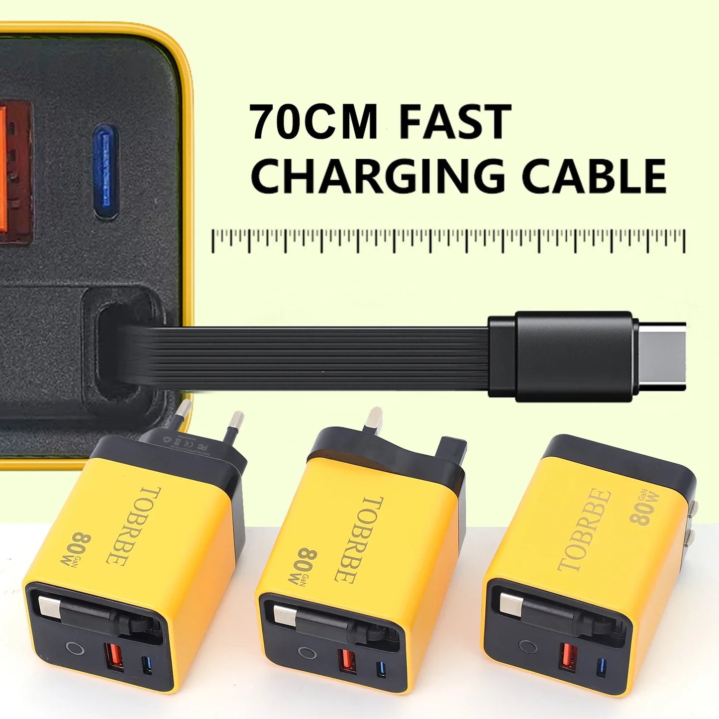 شاحن حائط USB-C سريع 80W مع كيبل تايب-سي قابل للسحب – منفذين شحن لأجهزة آيفون وسامسونج