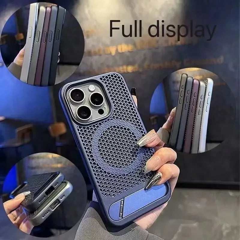 كفر آيفون معدني فائق النحافة مع حامل مخفي قابل للطي – تبديد حرارة وحماية ضد الصدمات