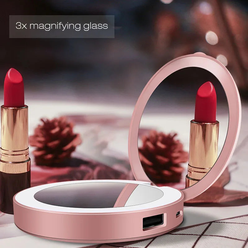 مرآة مكياج محمولة بإضاءة LED وبنك طاقة 3000mAh – تصميم ميني أنيق بشكل محفظة، مثالية للجمال أثناء التنقل