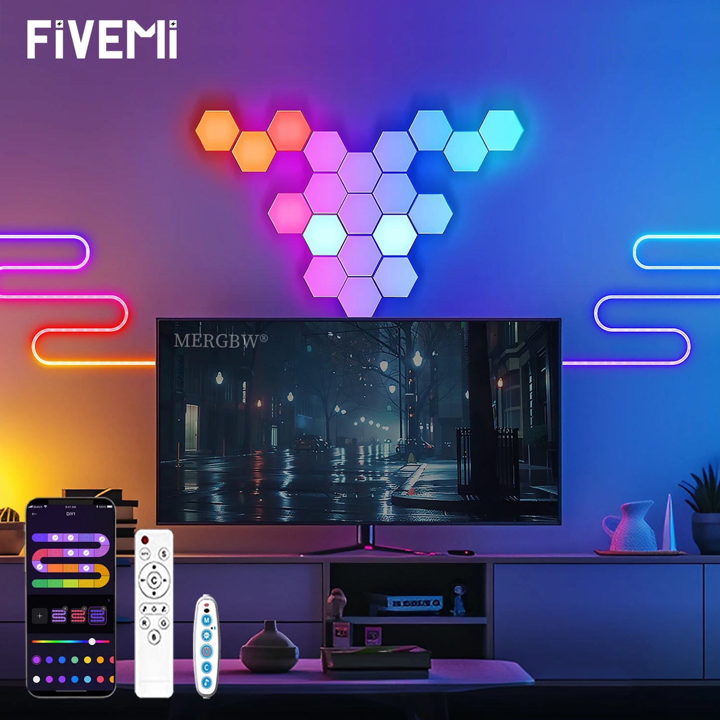 إضاءة جدارية ذكية سداسية الشكل – RGBW مع تحكم بالتطبيق ومزامنة موسيقى