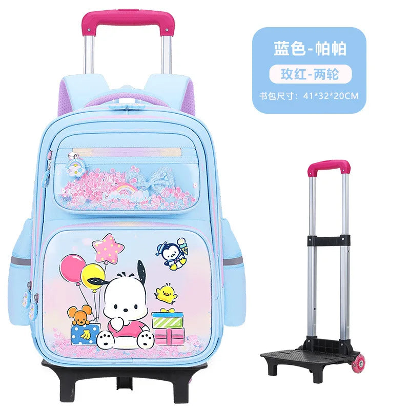 حقيبة مدرسية بعجلات Kuromi للبنات – تصميم كرتوني Melody – كبيرة السعة مع خيار 2 أو 6 عجلات لتخفيف الحمل