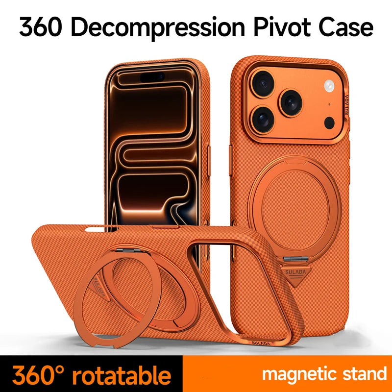 كفر آيفون مغناطيسي مع حامل دوّار 360° وعدسة سبائك – تصميم ألياف كربونية ودعم شحن لاسلكي