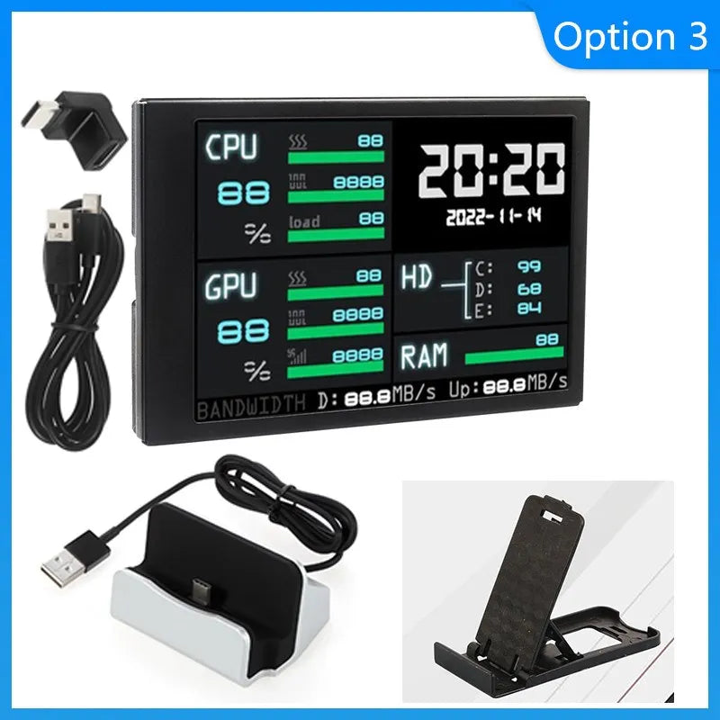 شاشة ثانوية 3.5 إنش USB Type-C – لمراقبة أداء الجهاز (CPU / GPU / RAM)