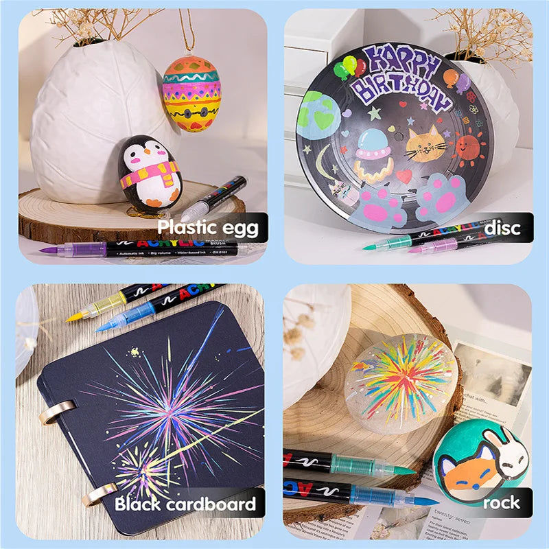 مجموعة ألوان أكريليك ماركر – 72 أو 120 لون، رأس فرشاة ناعمة، ضد الماء، للرسم على الخشب، الزجاج، الحجر، والمزيد