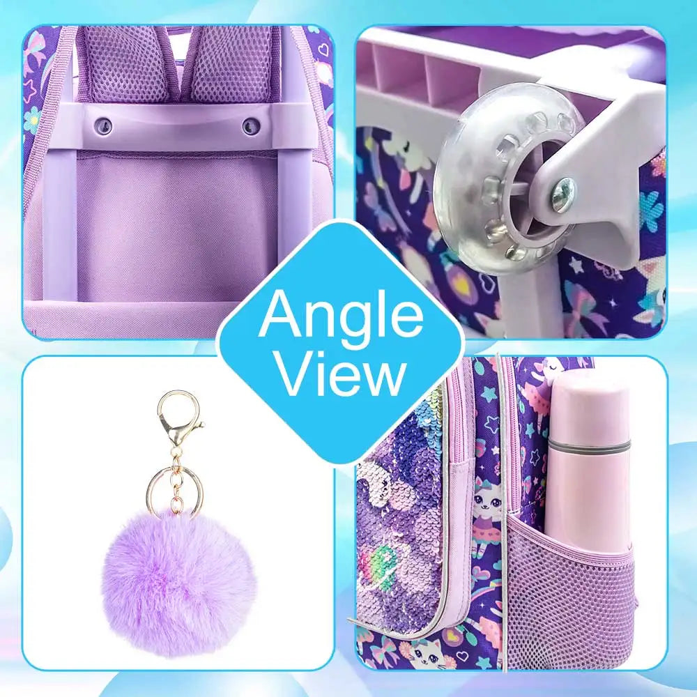 حقيبة مدرسية متدحرجة 3 قطع للبنات، حقيبة بعجلات مع حقيبة غداء، تصميم قطة بنفسجية، خاصية التوهج في الظلام.