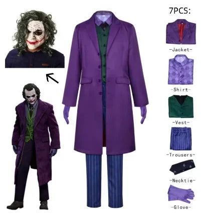 زي تنكري للرجال – الجوكر من فيلم "The Dark Knight" | بدلة كاملة مع جاكيت وباروكة | مستوحى من شخصية هيث ليدجر