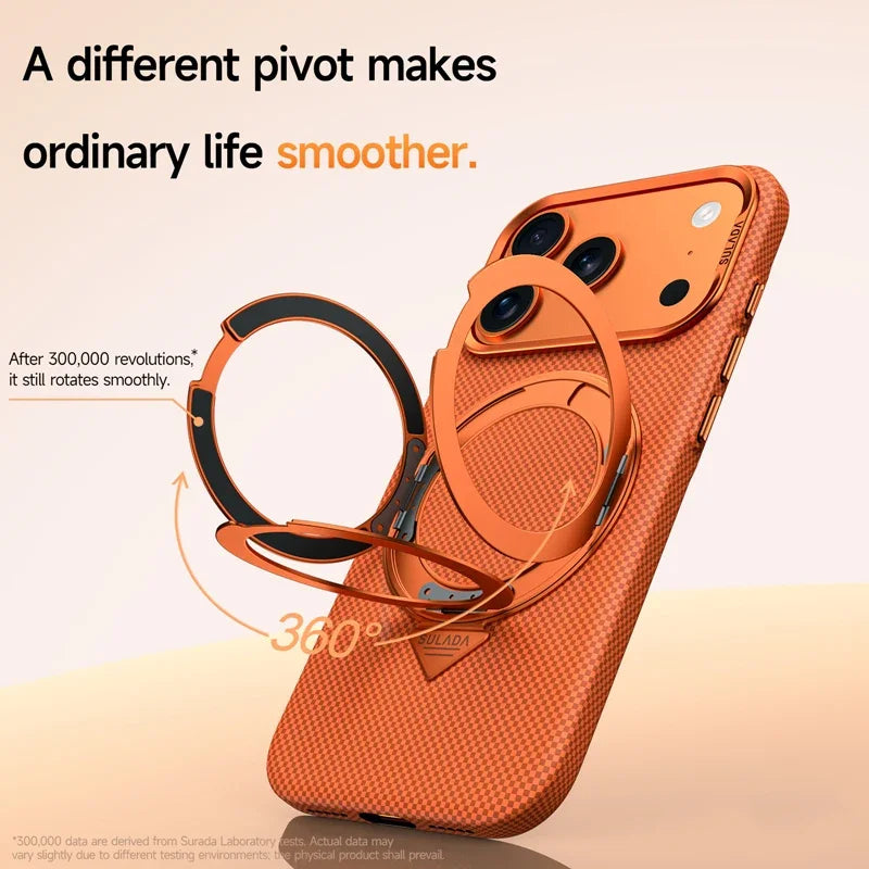 كفر آيفون مغناطيسي مع حامل دوّار 360° وعدسة سبائك – تصميم ألياف كربونية ودعم شحن لاسلكي