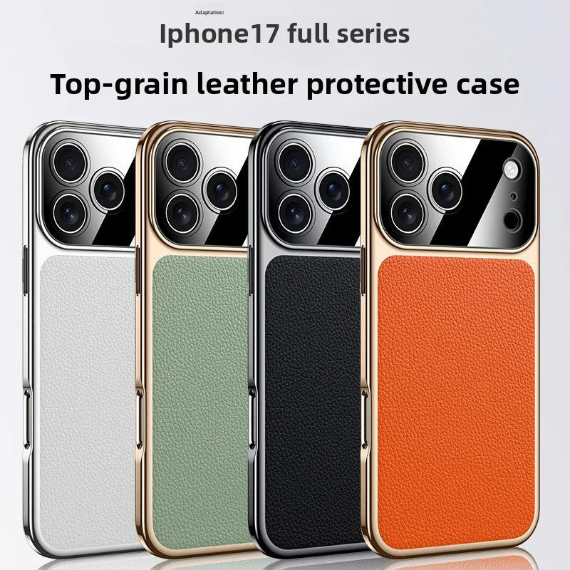 كفر آيفون 17 برو ماكس جلد طبيعي فاخر بنقشة الليتشي – حماية عدسة وصدمات بتصميم راقٍ