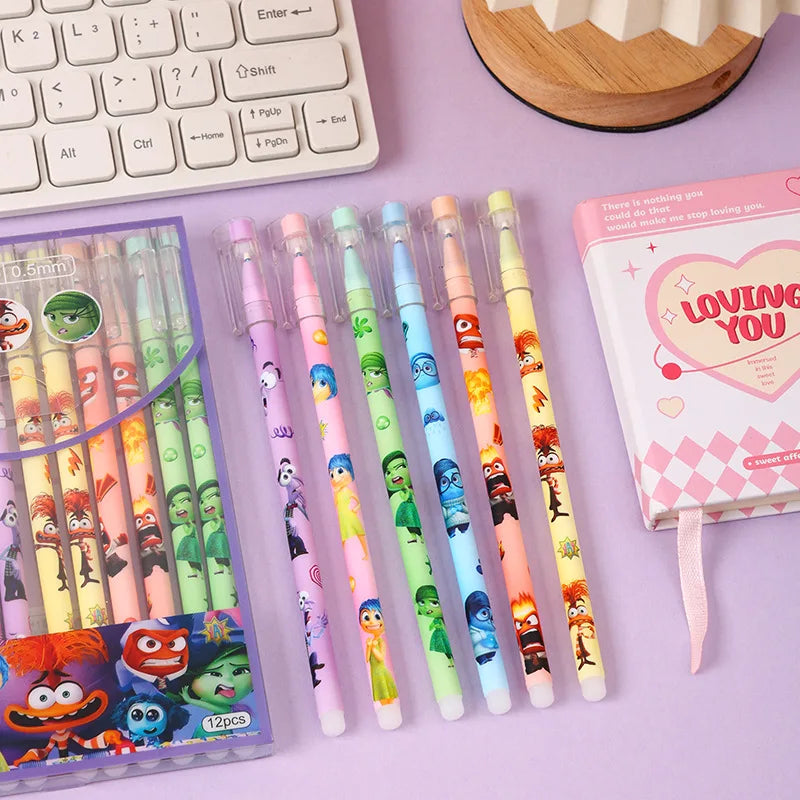 طقم 12 قلم جل ديزني Inside Out – تصميم كيوت، قابل للمسح، حبر أزرق/أسود 0.5 مم