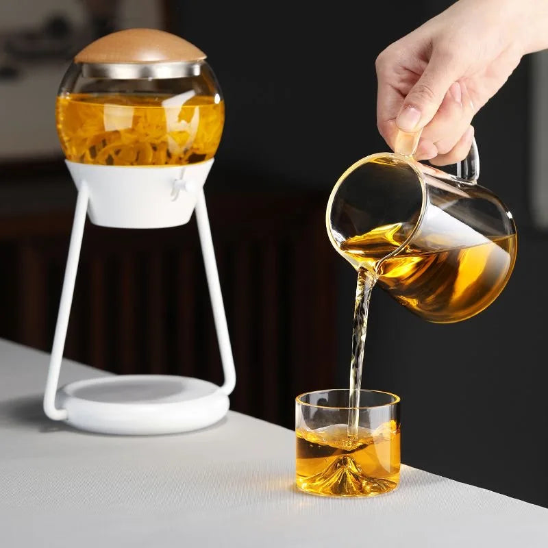 إبريق شاي كروي زجاجي عصري – تحضير شاي الكنج فو بضغط زر | تصميم كوكبي إبداعي سعة 500 مل