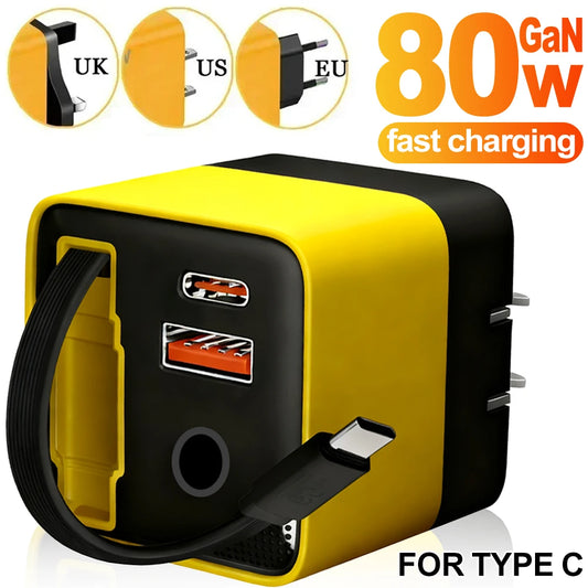 شاحن حائط USB-C سريع 80W مع كيبل تايب-سي قابل للسحب – منفذين شحن لأجهزة آيفون وسامسونج