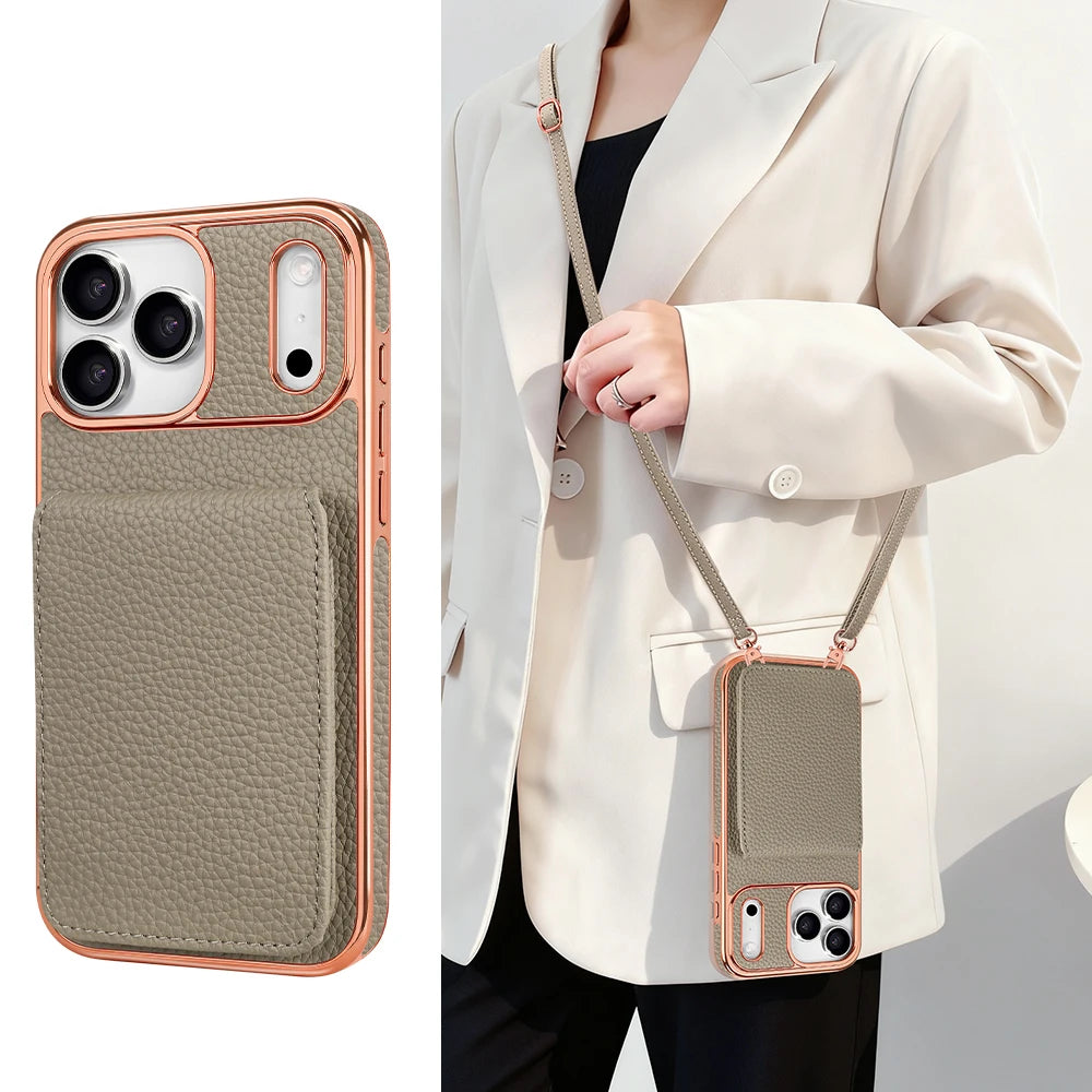 كفر آيفون جلد PU مع حامل بطاقات وحزام كروس بودي طويل – تصميم مطلي أنيق من VIETAO