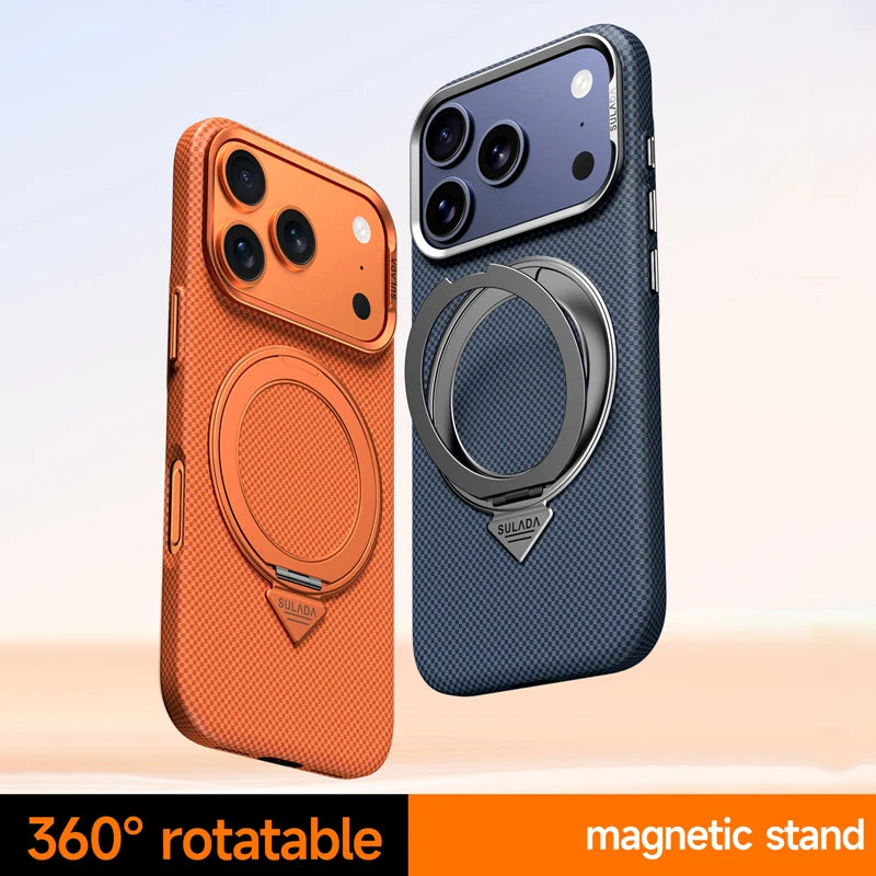 كفر آيفون مغناطيسي مع حامل دوّار 360° وعدسة سبائك – تصميم ألياف كربونية ودعم شحن لاسلكي