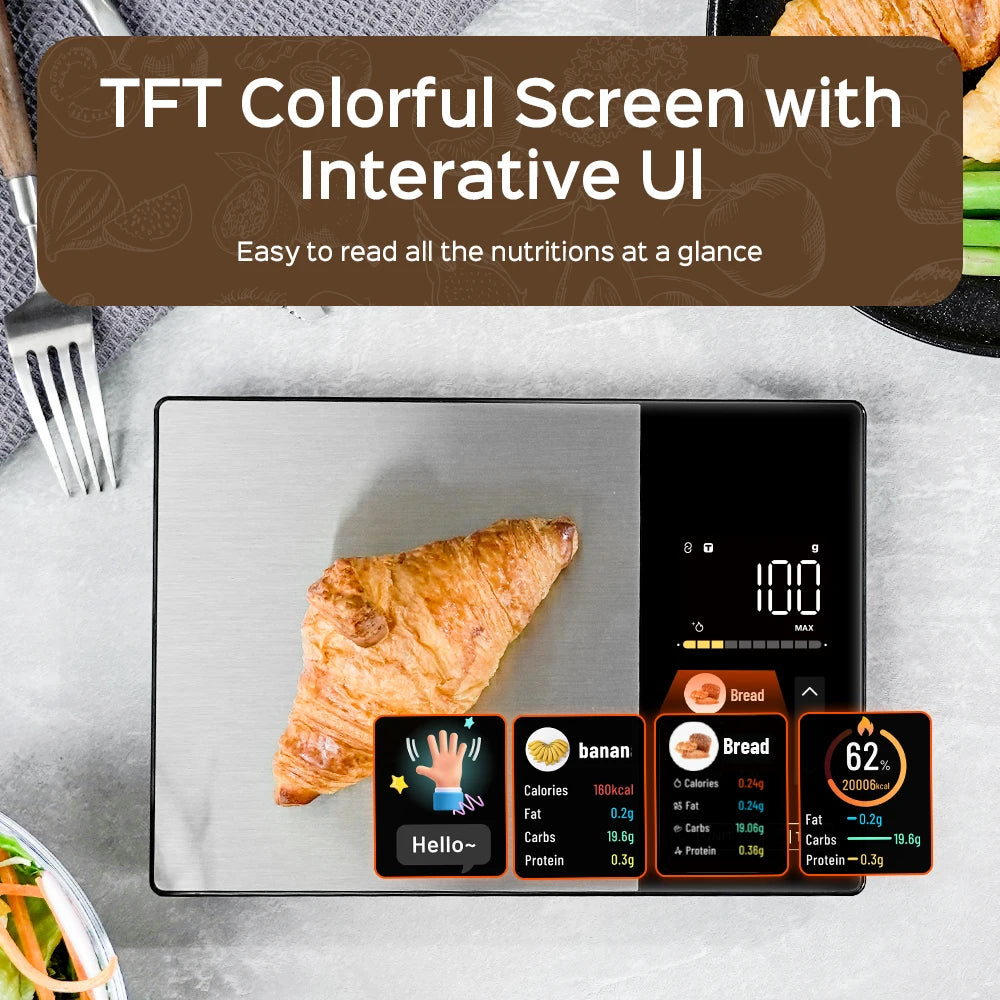 ميزان مطبخ ذكي من الستانلس ستيل – حساب السعرات والبروتين والدهون والكربوهيدرات بدقة 1غ