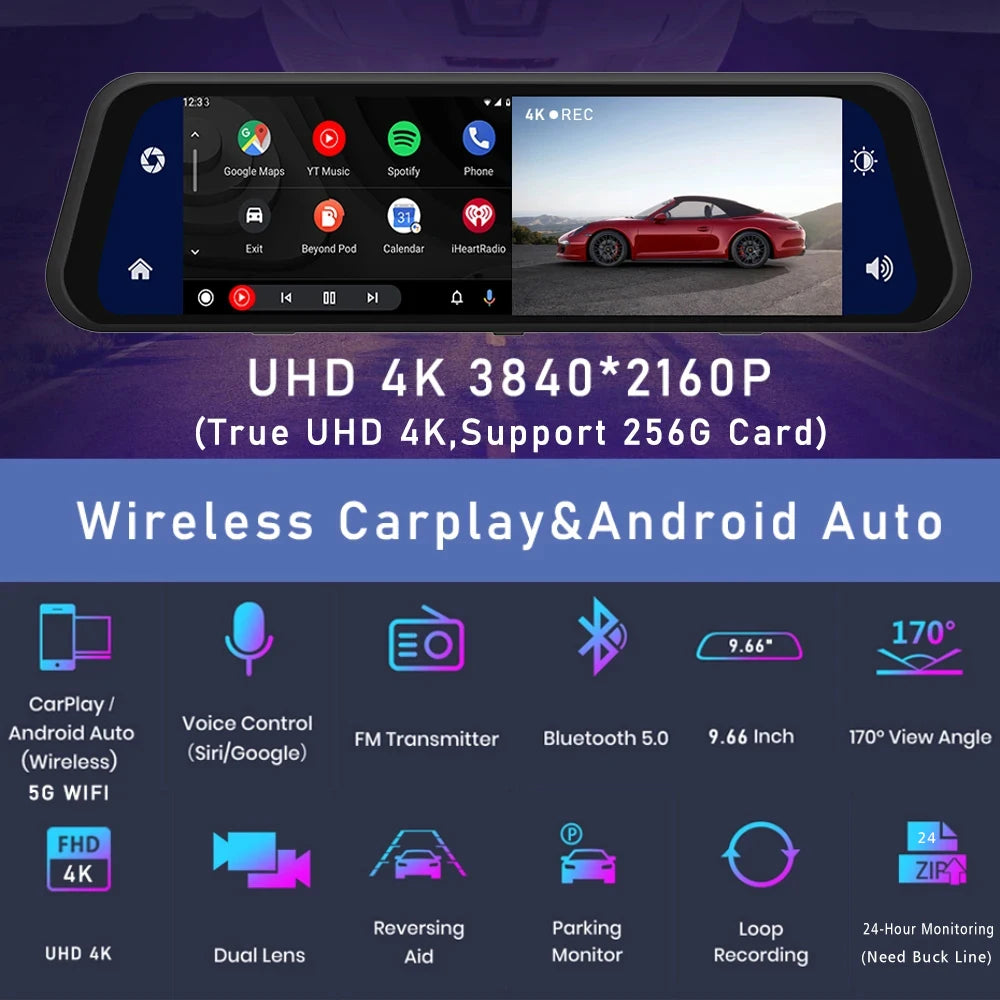 كاميرا مراية للسيارة بدقة 4K – مع GPS وCarPlay وAndroid Auto