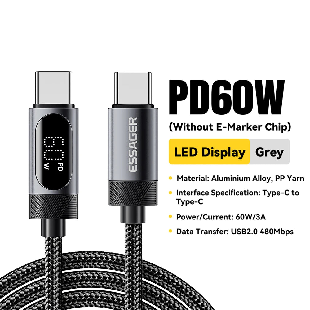 كيبل USB-C إلى USB-C مع شاشة رقمية من ESSAGER – شحن سريع PD 100W
