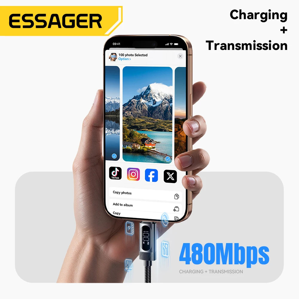 كيبل USB-C إلى USB-C مع شاشة رقمية من ESSAGER – شحن سريع PD 100W