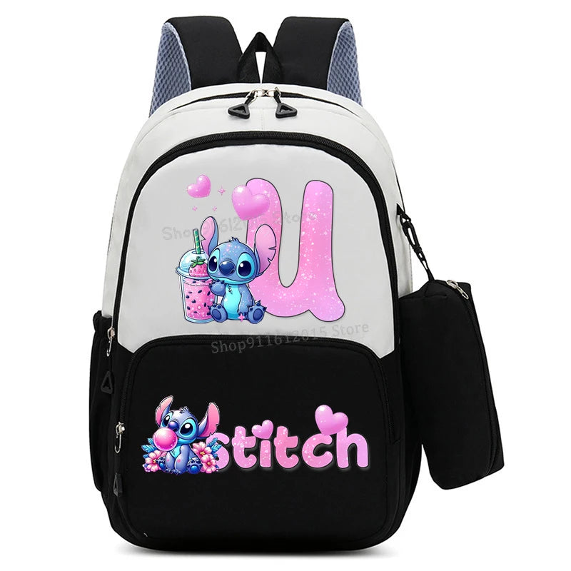حقيبة ظهر ليلو وستيتش بحروف الأبجدية، حقيبة ظهر عالية السعة للطالبات مع مقلمة، حقيبة مدرسية كرتونية لطيفة، حقيبة أنمي قابل