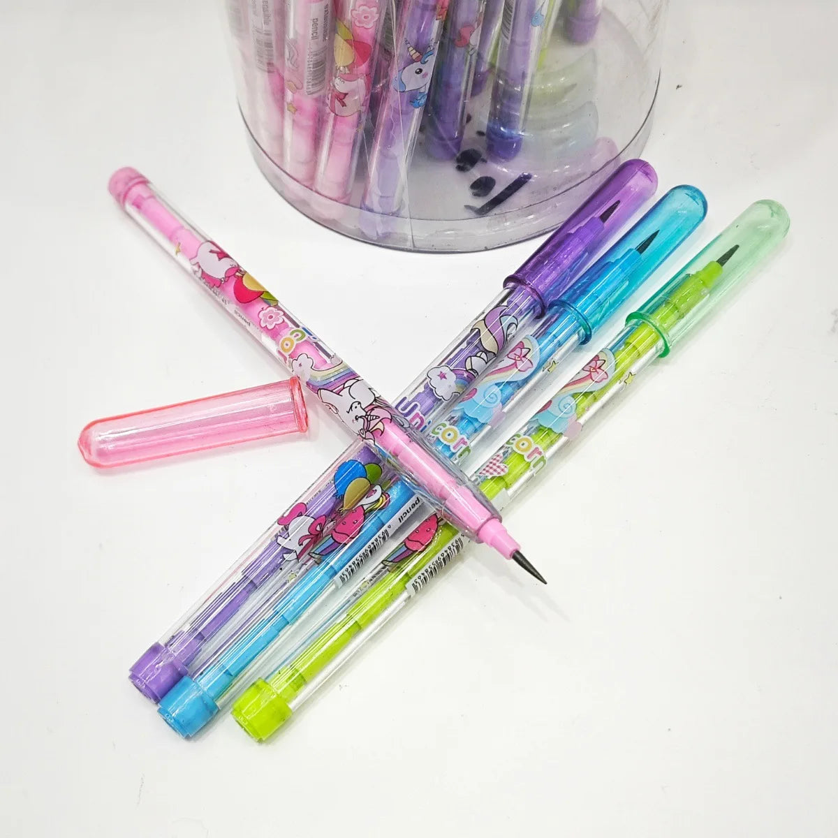 أقلام HB بدون بري متعددة الألوان شفافة – كرتونية ومناسبة للمدرسة والمكتب والرسم | لابوبو